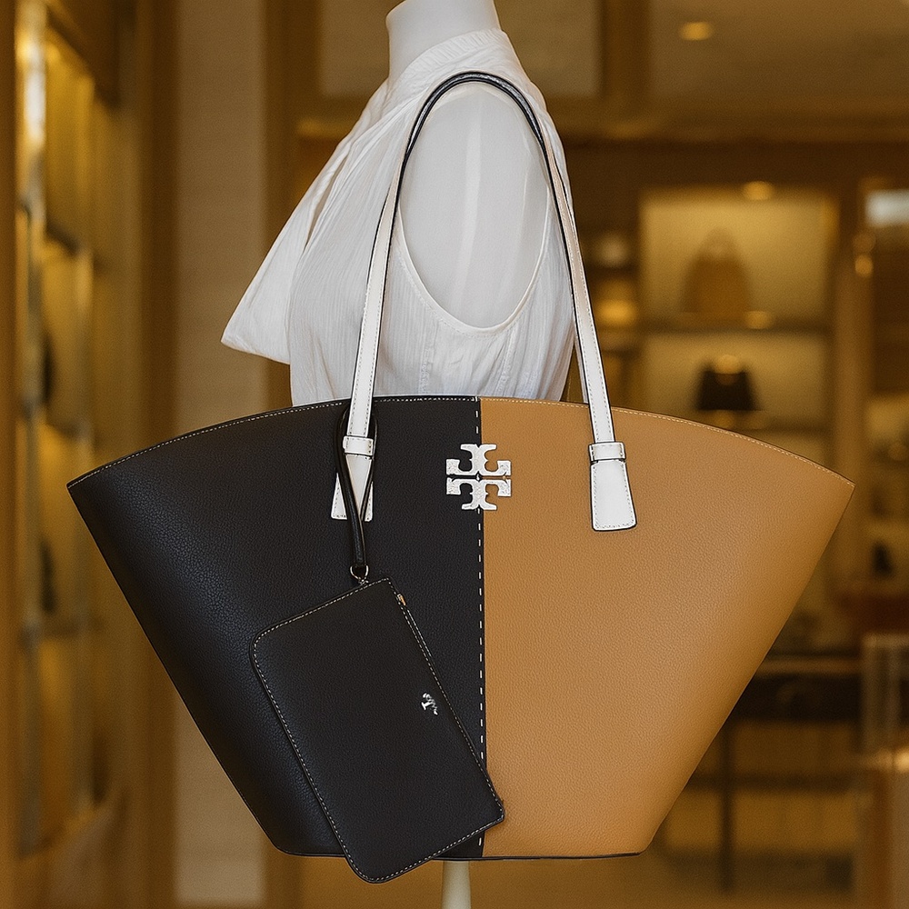 NEW Tory Burch McGraw Tiramisu Tan/Black Color Block Large Leather Tote Bag - Picture 1 of 14